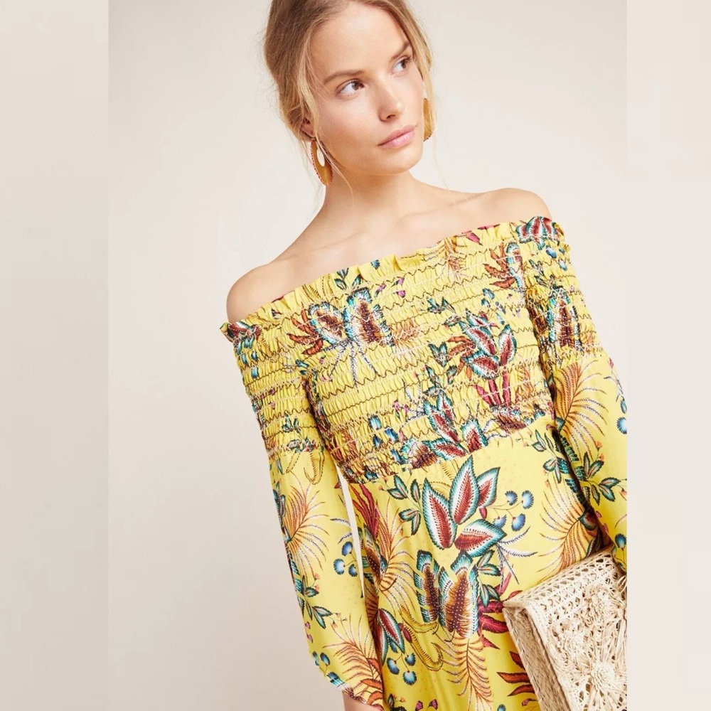 Anthropologie Farm Rio Yellow Floral Smocked Mini Dress Size Large Petite Boho L - Picture 2 of 16